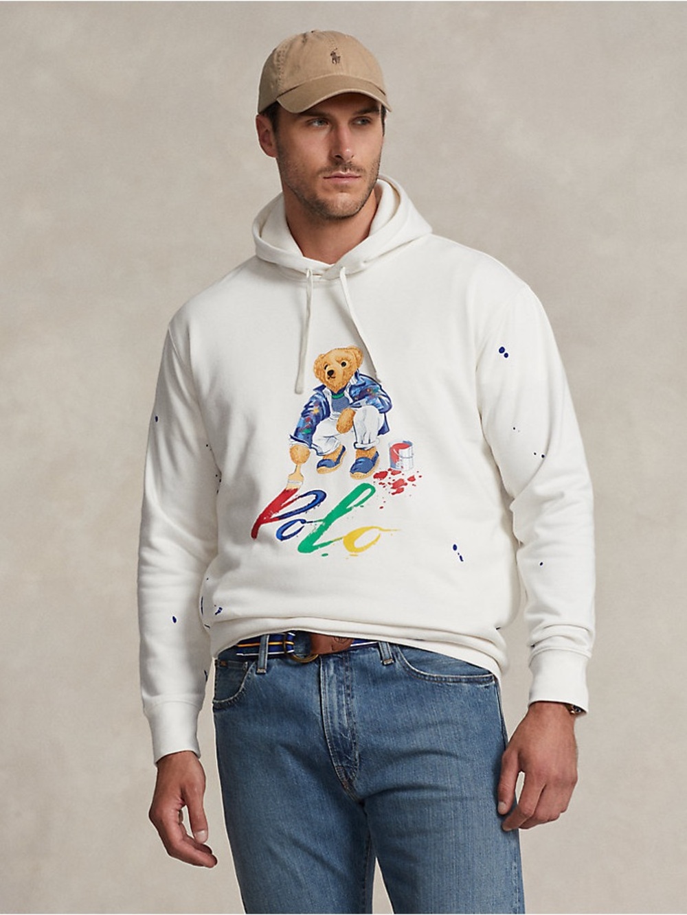Ralph Lauren White polobear Hoodie with Multicolor Paint splatter Bear Graphic